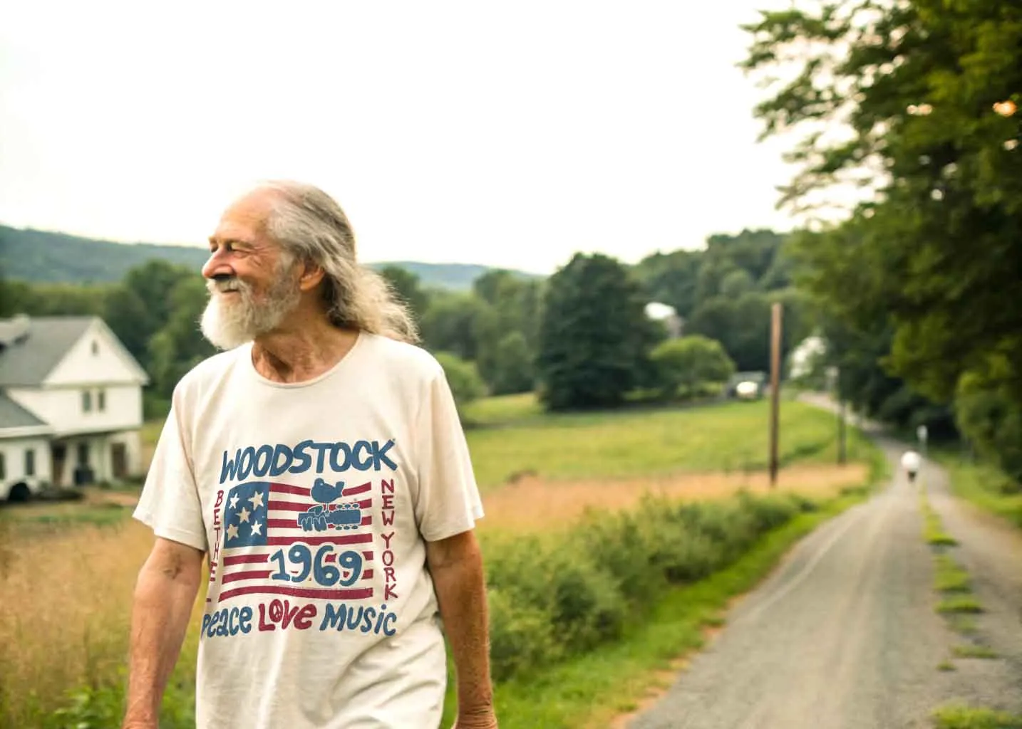 Older man wearing a Woodstock 1969 T-shirt with peace, love, and music theme, smiling outdoors on a rural road.