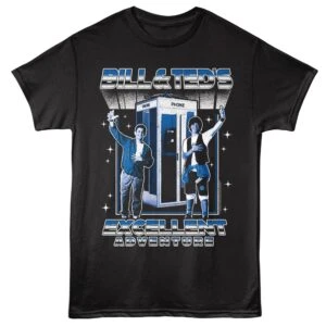 Retro Bill & Teds T-shirt with phone booth graphic, ideal for movie and adventure-themed fashion enthusiasts.