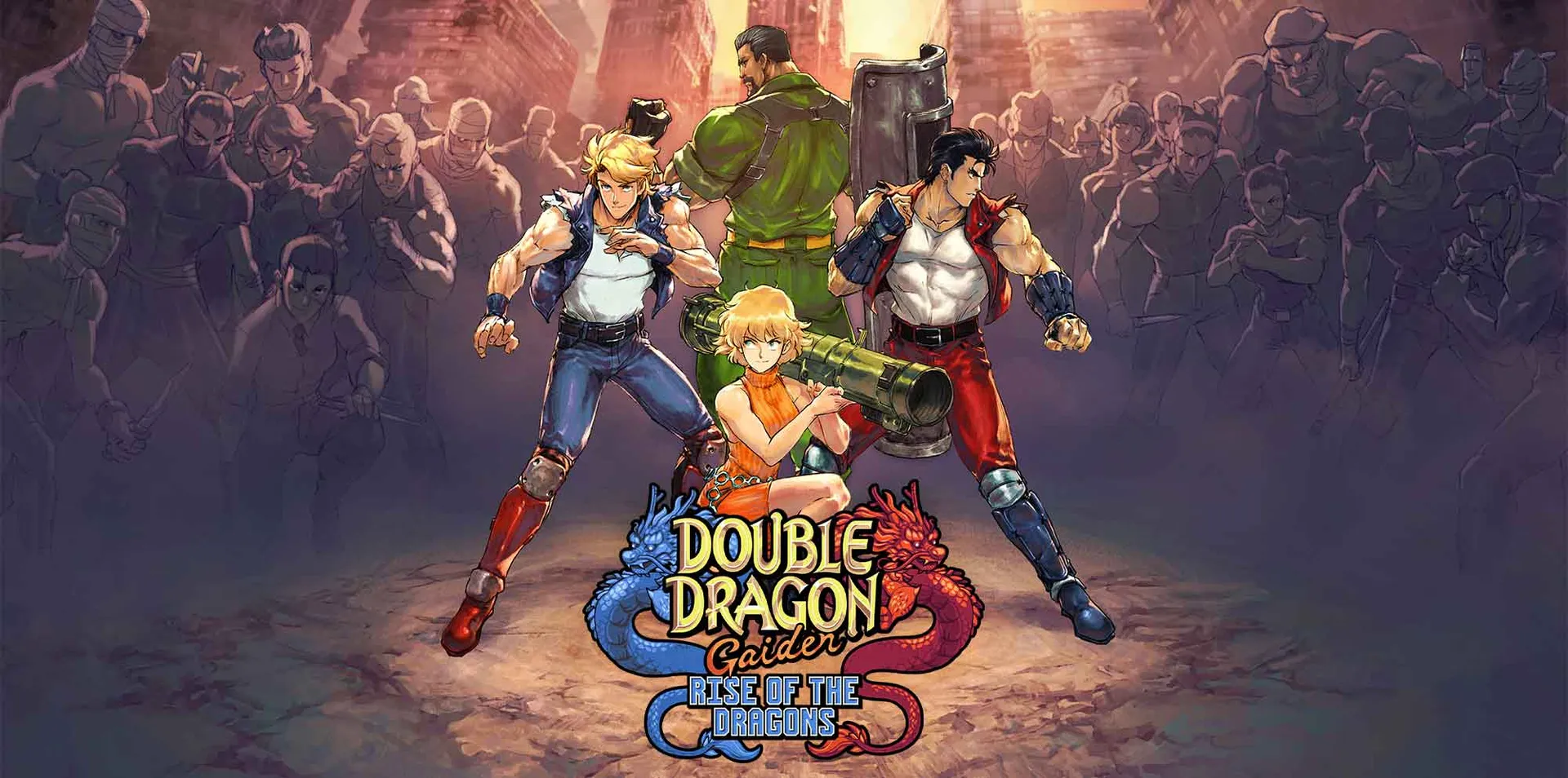 Vibrant illustration of classic Double Dragon characters ready for battle, popular gaming apparel at SocieTees.