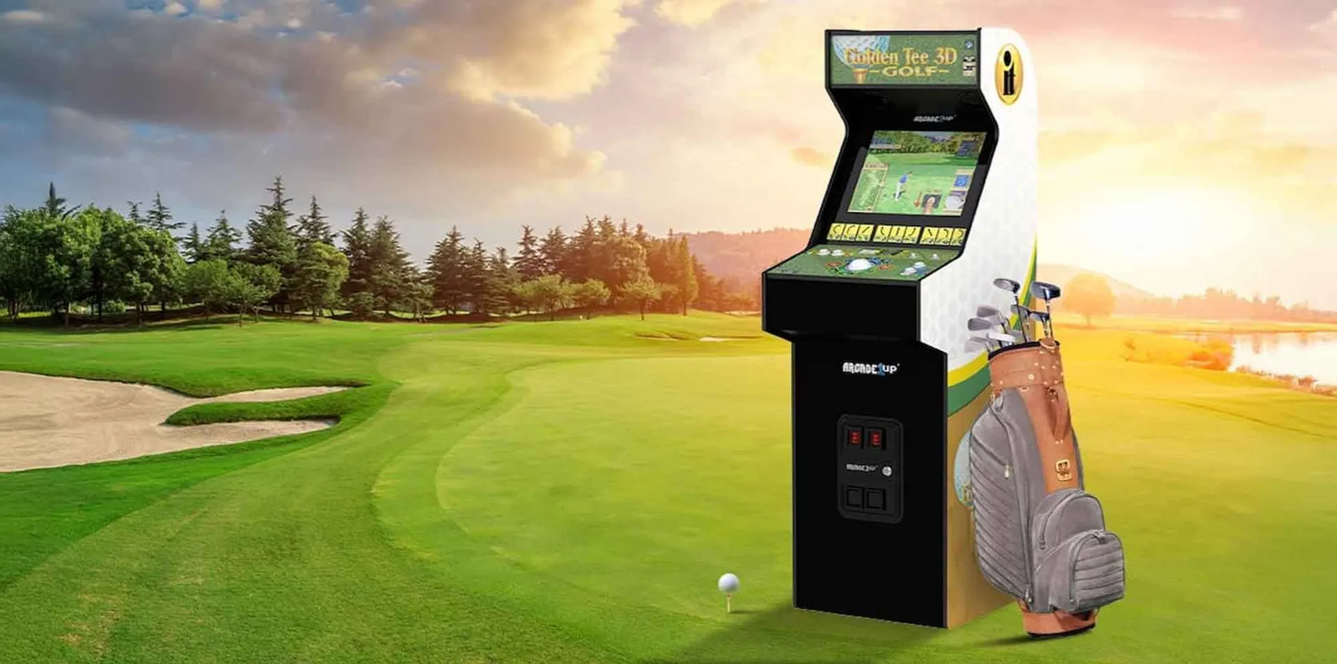 Digital arcade golf simulator with golf clubs and golf bag on the course.