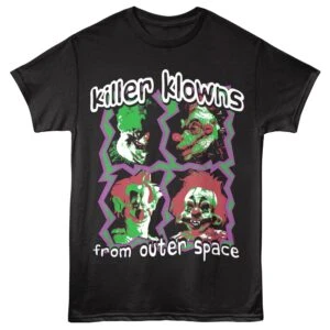 Colorful Killer Klowns from Outer Space graphic t-shirt for horror fans. Unique clown horror design for casual wear.