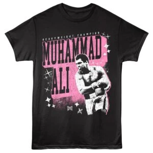 Black T-shirt featuring iconic Muhammad Ali graphic and bold pink text, perfect for boxing and athlete enthusiasts.