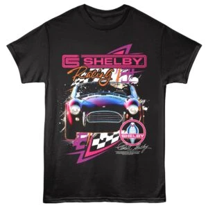 Colorful Shelby racing car graphic on a black tee for car enthusiasts.
