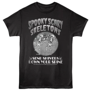 A black T-shirt featuring cartoon skeletons dancing with spooky text and the phrase "Send Shivers Down Your Spine" for Halloween fun.
