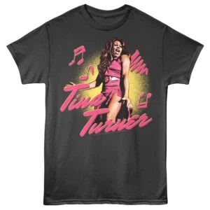 Vibrant Tina Turner graphic T-shirt with energetic design and pop art style, perfect for music fans and vintage concert apparel.