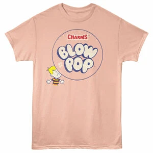 Colorful Blow Pop Charms graphic on soft pink t-shirt, fun candy-inspired design.
