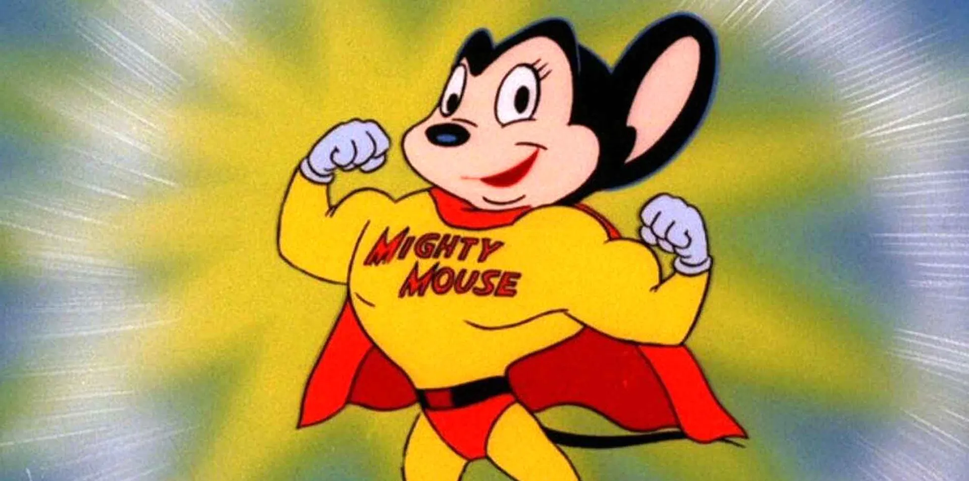 Colorful cartoon of Mighty Mouse with muscular pose, wearing superhero costume with "Might Mouse" logo.
