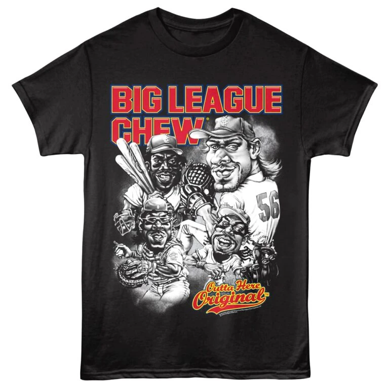 Caricature of baseball players with Big League Chew text on a black t-shirt, perfect for sports and baseball fans.