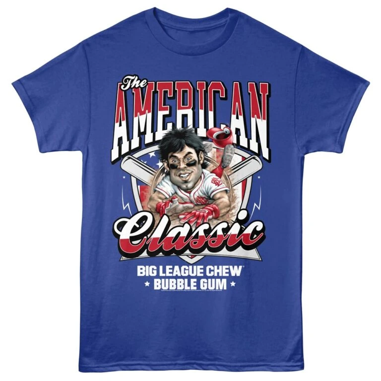 A vibrant blue T-shirt featuring a humorous baseball player graphic, "The American Classic" text, and bubble gum theme.