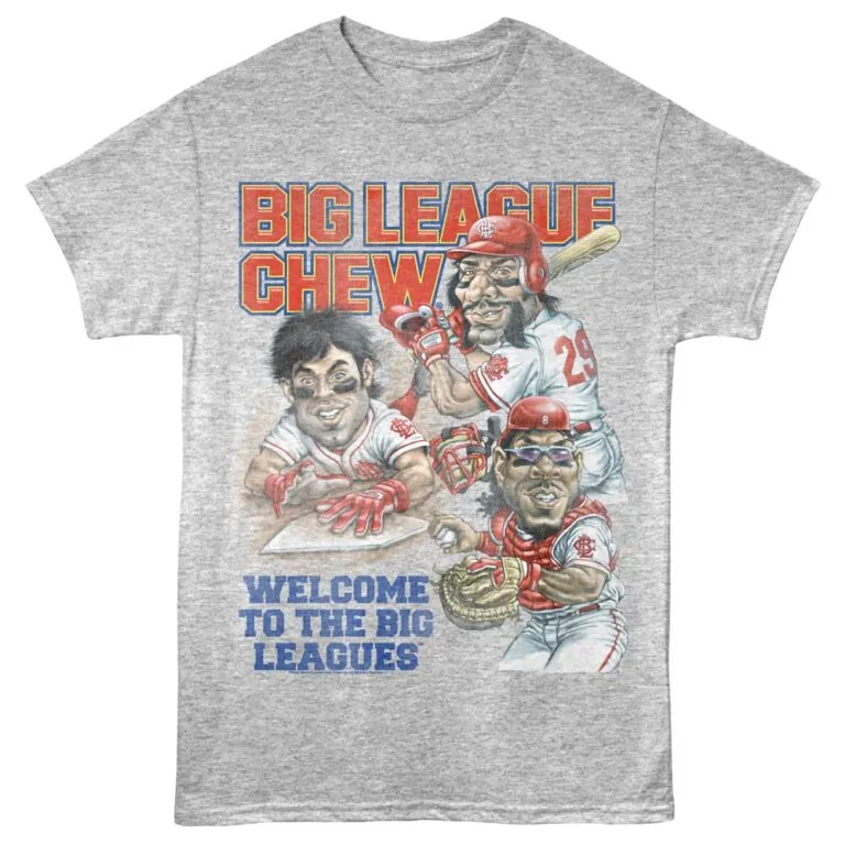 Colorful baseball-themed graphic T-shirt featuring cartoon characters and sports slogans.