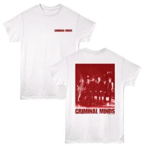 White T-shirt with "CRIMINAL MINDS" text and group photo graphic, casual style.