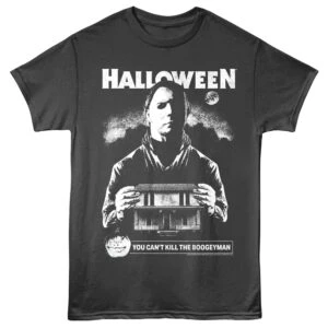 Halloween graphic tee featuring Michael Myers from Halloween movie with spooky moon background.
