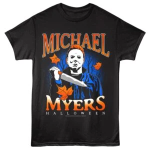 Halloween Michael Myers shirt, horror-themed graphic tee for fans of scary movies.