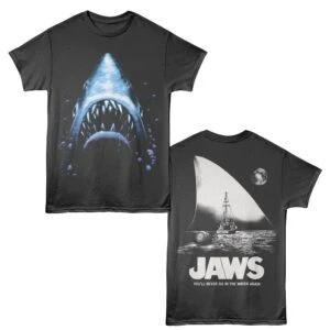 Shark design t-shirt features a fierce great white shark with underwater elements. Jaws-themed tee with iconic imagery from the classic movie.