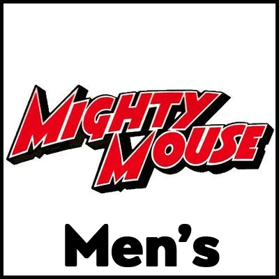 Bold Mighty Mouse logo men's T-shirt for fans of classic superhero cartoons.