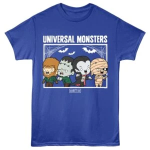 Cartoon Universal Monsters T-shirt featuring iconic horror characters like Dracula, Frankenstein, The Mummy.