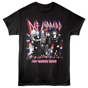 Vivid graphic band tee featuring Def Leppard's 1987 world tour artwork.