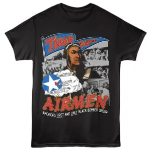 Black T-shirt featuring Tusk Airmen WWII military aircraft and African American pilot illustration.