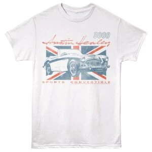 Vintage Austin Healey sports convertible car graphic on white T-shirt with Union Jack logo design.