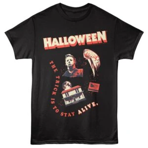 Halloween horror movie graphic T-shirt featuring Michael Myers and iconic symbols.