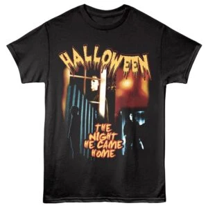 Spooky Halloween T-shirt featuring horror movie style graphics and eerie text for Halloween parties and fans.