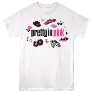 Pink-inspired fashionable t-shirt featuring vintage music and style illustrations.