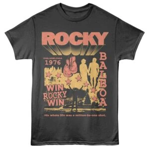 Rocky movie-themed T-shirt with vintage Philadelphia 1976 design, featuring boxing gloves, city skyline, and inspirational text.