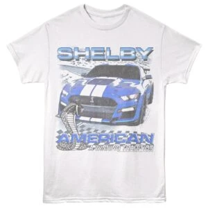 Graphic tee featuring a blue Shelby race car with bold text and racing-inspired design. Perfect for car enthusiasts.