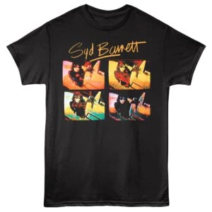 Vivid Syd Barrett graphic tee showcasing iconic images of the legendary musician. Perfect for fans of classic rock and psychedelic style.