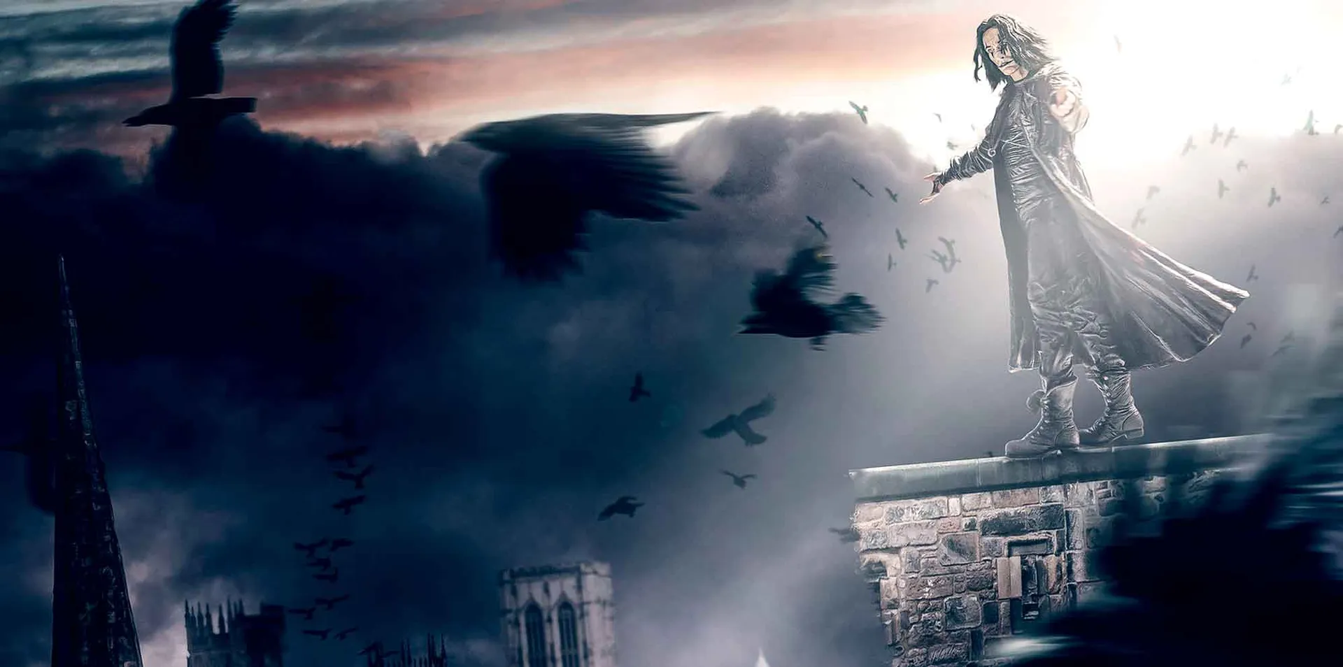 A woman stands on a rooftop amid dark skies and flying crows, creating a mysterious, gothic atmosphere perfect for gothic fashion and dark aesthetics.