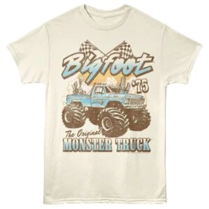 Vintage monster truck graphic with bold text and checkered flags design.