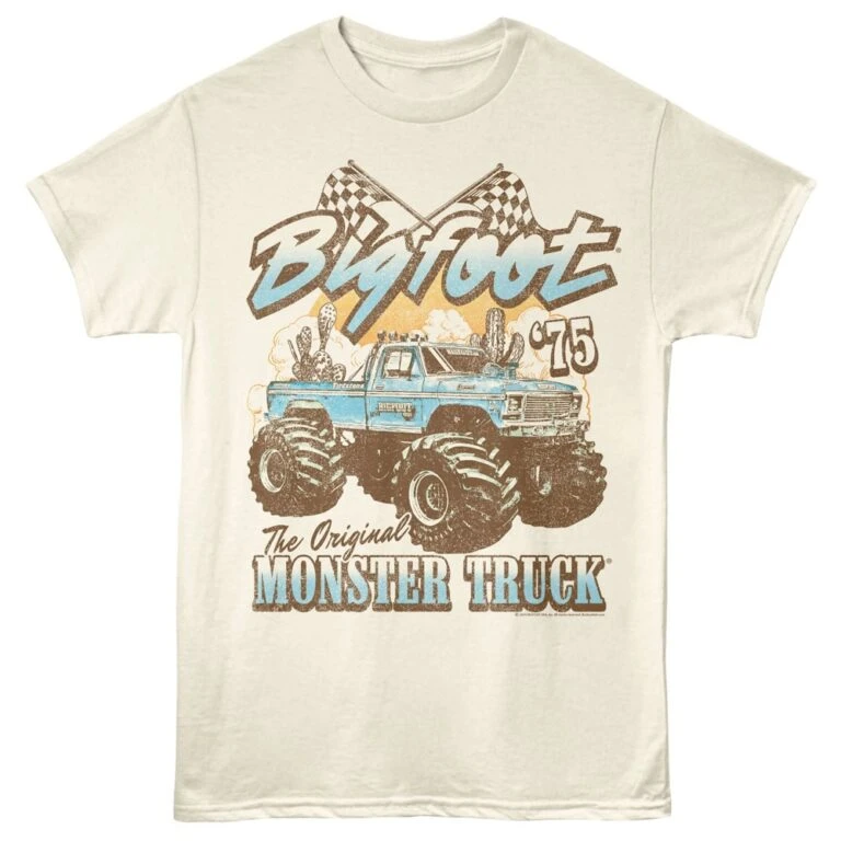 Vintage monster truck graphic with bold text and checkered flags design.