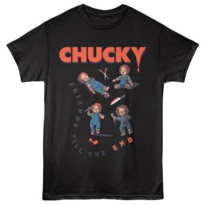 Graphic T-shirt featuring Chucky doll from Child's Play with horror-themed design.