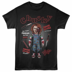 Horror-themed Chucky T-shirt featuring a creepy doll graphic, blood splatters, and chilling phrases for horror fans.