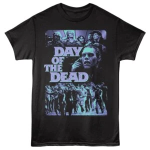 Dark graphic T-shirt featuring "Day of the Dead" zombie and skull design.