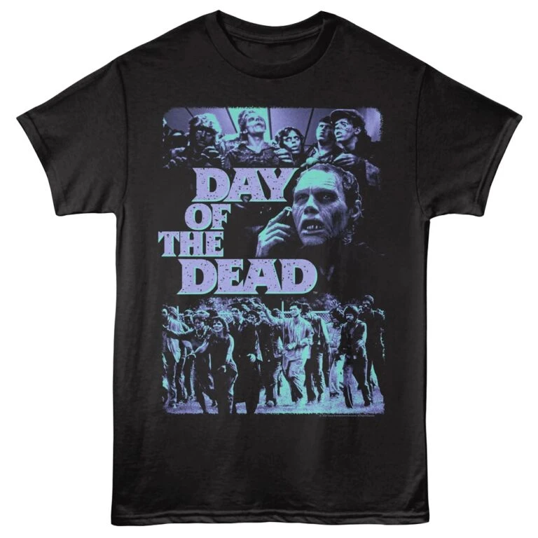Dark graphic T-shirt featuring "Day of the Dead" zombie and skull design.