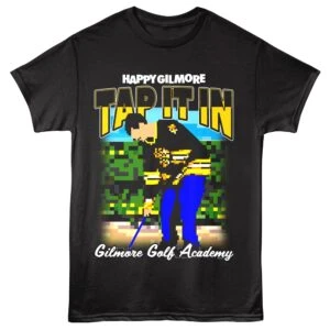 Pixelated tattoo golf shirt with "Happy Gilmore" golf character design.