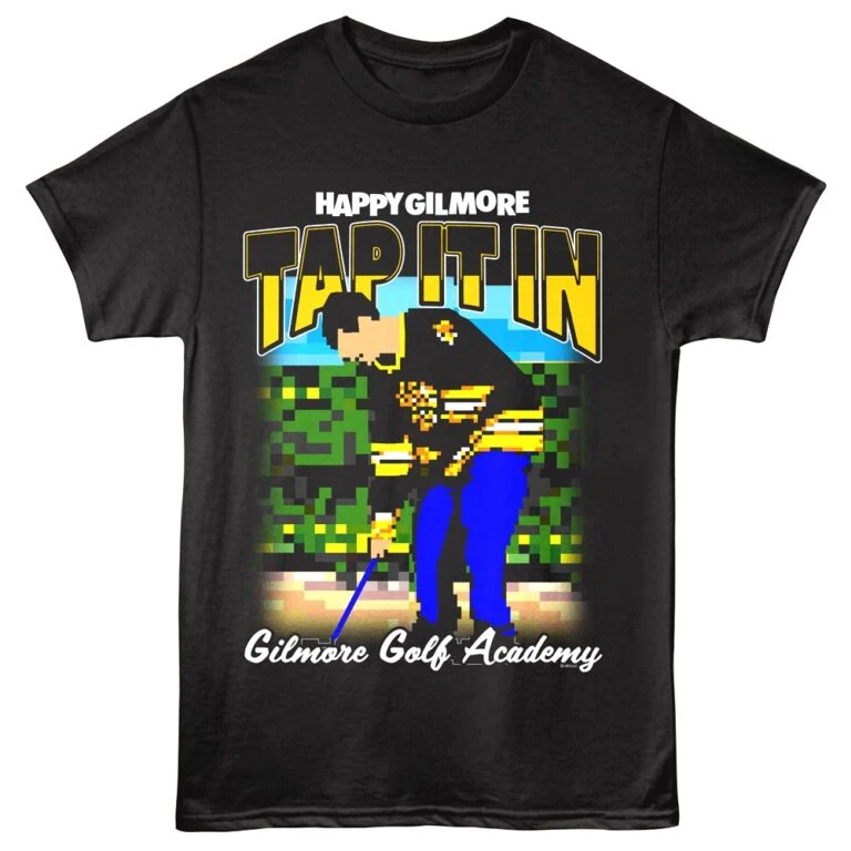 Pixelated tattoo golf shirt with "Happy Gilmore" golf character design.