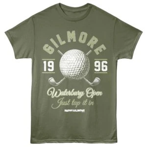 Golfmores golf t-shirt with golf ball and club graphics, ideal for Waterbury Open fans and golf enthusiasts.