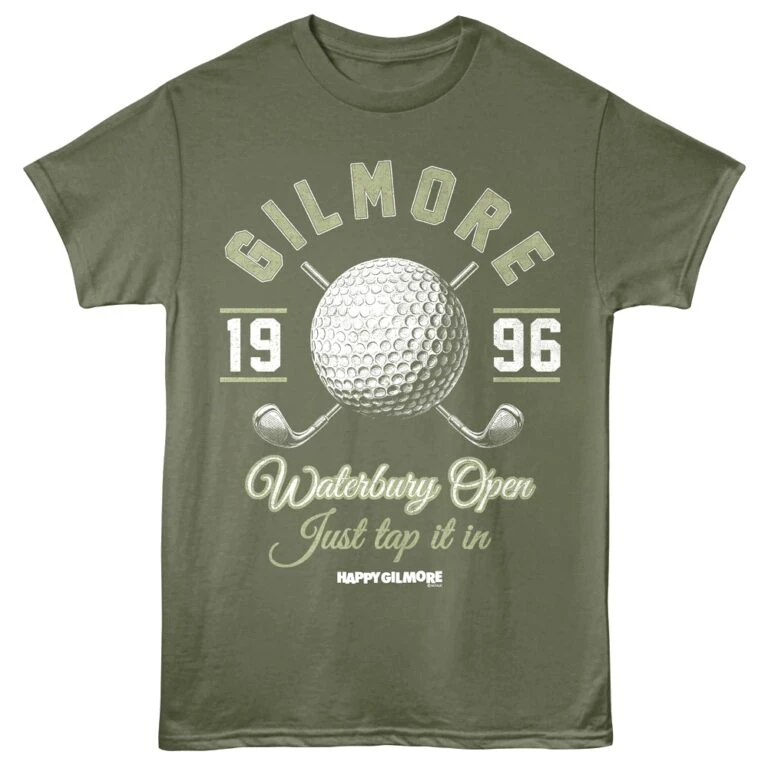 Golfmores golf t-shirt with golf ball and club graphics, ideal for Waterbury Open fans and golf enthusiasts.