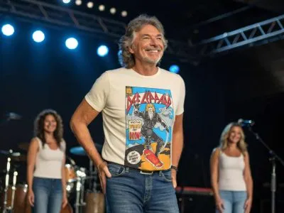 A joyful man on stage wearing a vintage Def Leppard t-shirt at a live music event, with smiling women in white tops behind him, vibrant stage lighting illuminating the scene.