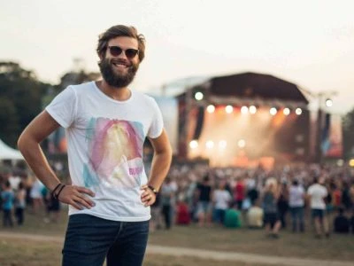 Vibrant outdoor music festival scene featuring a smiling man in sunglasses and a graphic t-shirt enjoying live performance.