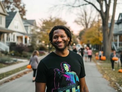 Smiling man wearing a vibrant Halloween graphic tee walks through neighborhood during fall event.