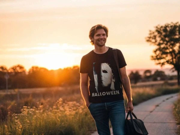 Man smiling in casual wear with Halloween graphic on T-shirt during sunset.
