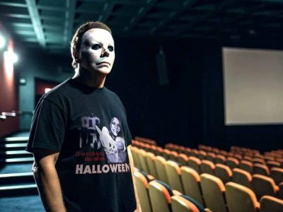 A person wearing a Michael Myers Halloween T-shirt inside a dimly lit movie theater with rows of seats.