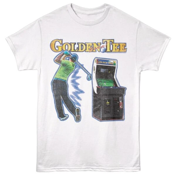 Golden Tee Mens tshirt Golfer and Cabinet White